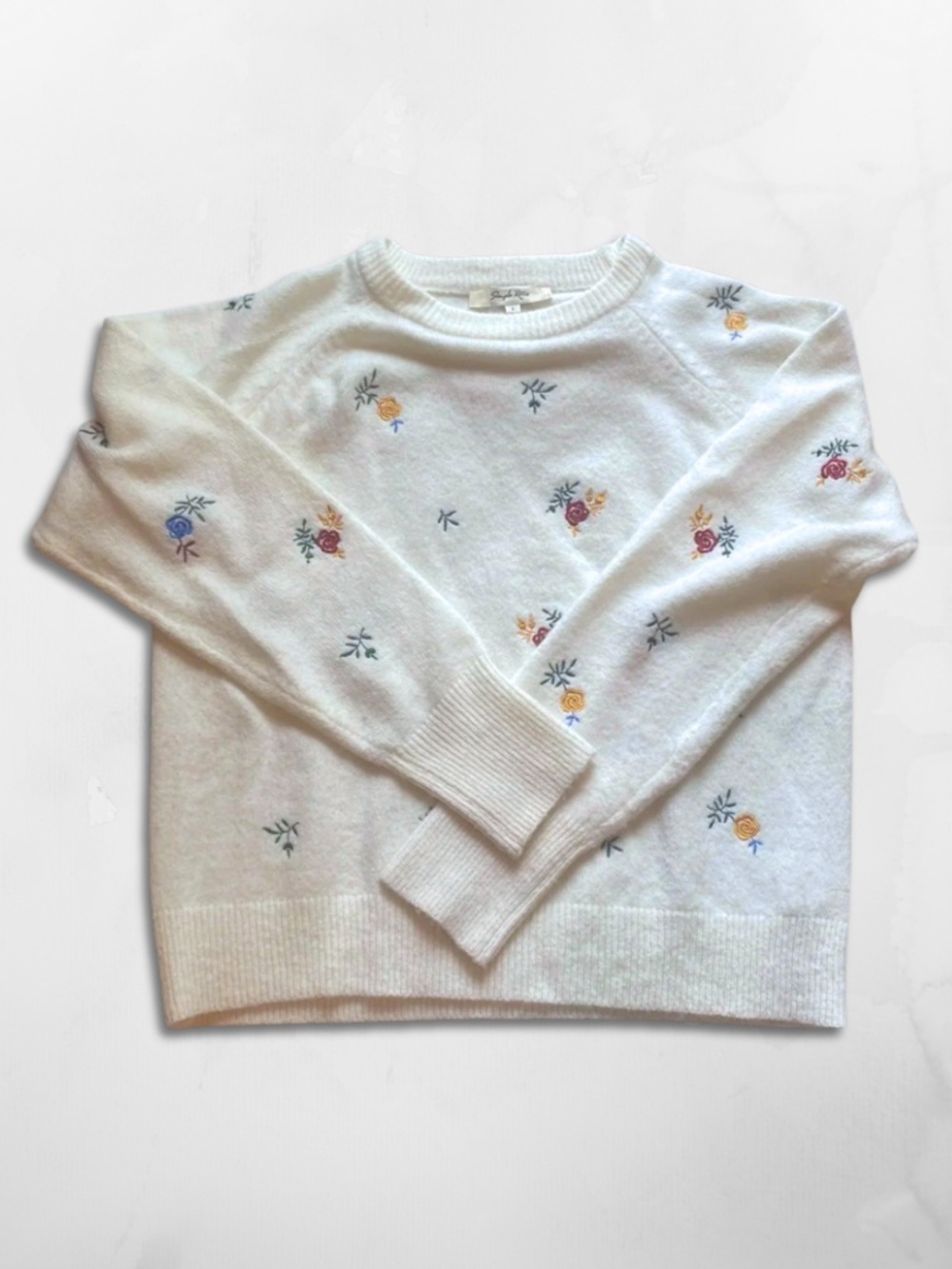 Simple Retro Melody Floral Embroidery Raglan Sleeve Sweater, Sise S